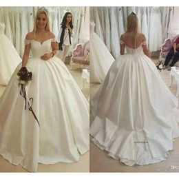 Princess Ball Gown Dresses Off Shoulder Satin Applique Lace Sweep Train Wedding Dress Bridal Gowns Vestidos 0430