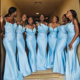 Blue Dresses Bridesmaid Light Mermaid Spaghetti Straps Satin Floor Length Lace Applique Beaded African Plus Maid Of Honor Gown 403