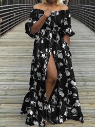 Party Dresses Celmia Sexy Off Shoulder Long Maxi Dress Women Lantern Sleeve Floral Print Sundress 2024 Slit Summer Casual Buttons Beach Robe