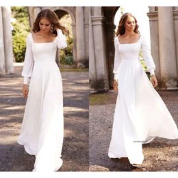 Modest Simple A Line Wedding Dresses Bridal Gowns Long Sleeves Garden Boho Scoop Neck Covered Button Back Custom Made Robe De Soriee 0430