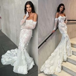 Mermaid 3D-Floral Long Bride Sleeves 드레스 아플리케 레이스 웨딩 드레스 버튼 등 신부 가운