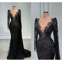 Evening Vintage Mermaid Black Lace Dresses With White Beads Sheer Deep V Neck Long Sleeve Appliques Ocn Party Gowns Prom Vestidos Bc14999 estidos