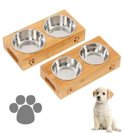 Dog Food Large Feeding Stand Station Stainless Pet Double Bowls Stand Cat Wooden Bowl1669043