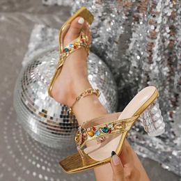 Dress Shoes Fashion Crystal Heels Slippers Women Square Toe Clip Slides Summer Flip Flops Clear Rhinestone Slingback Sandals H240430