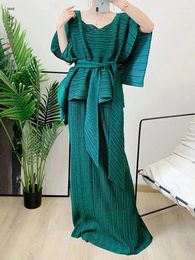 Work Dresses LANMREM 2 Pieces Pleated Skirt Set For Women Batwing Sleeves Loose Top With Long Length Skirts Female Elegant Clothing 2R3821