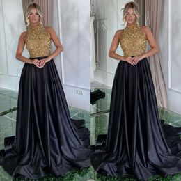 Prom High Dresses Black Gold Sexy Collar Sequins Top Evening Dress Gleats Formell lång speciell OCN -festklänning