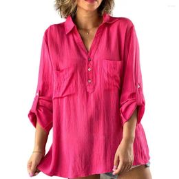Women's Blouses Women Lapel Shirt Versatile Spring Autumn V-neck With Buttons Half Placket Patch Pockets Loose Fit For Effortless