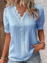 Women's Blouses Shirts Womens Summer New Top 2024 Solid Colour Sexy V-neck Hollow Short sleeved Shirt Fashion Splicing Plus Size Shirt Loose Street ClothingL2405