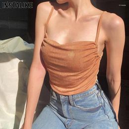 Women's Tanks InstaLike Sexy Sequins Folds Cami Women Crop Top Criss Cross Summer Casual Hem Vest Backless Streetwear Sweet Elegant 2024