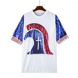 Women's T Shirts Short Sleeved Contrast Colour T-Shirt Summer Sequin Loose Streetwear Hip Hop Fashion Letter Night Club Geometry Tops