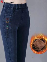 Women's Jeans Vintage Plush Lined Pencil Winter Embroidery Denim Pants Thick High Waist Vaqueros Warm Woman Large Size 85kg Skinny Hose