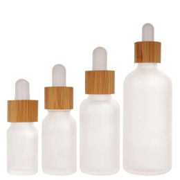 wholesale Frosted Glass Essential Oil Dropper Bottle Refillable Makeup Sample Cosmetic Storage Container with Bamboo Cap LL