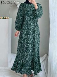 Basic Casual Dresses ZANZEA Womens Flower Print Dubai Trkiye Abaya Headband Retro Muslim Long Dress Womens Bohemian Islamic Clothing Y240429