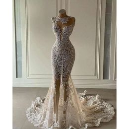 Mermaid Illusion Modest Wedding Dresses Bridal Gown Sweep Train Crystals Beaded Lace Applique Tulle Sleeveless Custom Made Plus Size Beach Vestido De Novia