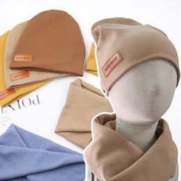 2PcsLot Faux Cashmere Baby Turban Hats Scarf Set born Kids Leather Stick Winter Double Layers Caps Bonnets Fashion Headwraps 240429