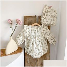 Rompers 2 Pieces Of Korean Lace Ruffled Cute Baby Jumpsuit With Hat Set Retro Floral Long Sleeved Girl Sweet Clothes For Young Childre Othh4