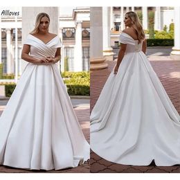 Off Shoulder Neck A V Line Wedding Dresses Simple White Satin Elegant Bridal Gowns Boho Garden Plus Size V De Novia Sweep Train Lace Up Back Bride Robes