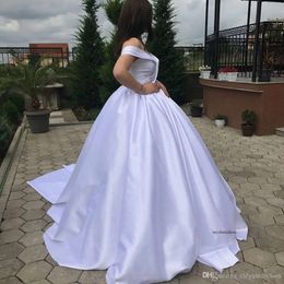 Sexy Off Shoulder Beading Ball Gown Wedding Dresses Short Sleeve Pleated Lace Up Back Garden Bridal Gowns Formal Long Vestidos De Marriage 0430