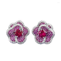 Stud Earrings SpringLady 925 Sterling Silver Flower Ruby High Carbon Diamond Gemstone Wedding Fine Jewellery Sparkling For Women Gifts