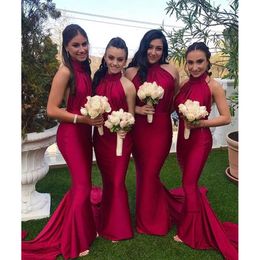 Dark Red New Sexy Cheap Mermaid Bridesmaid Dresses Halter Neck Long Sweep Train Wedding Party Formal Gowns Maid Of Honour Dress 0430
