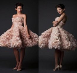 2016 Krikor Jabotian Ball Gown Short Wedding Dresses Charming Blush Pink Organza Flowers Vestido De Noiva Sexy Strapless Bridal Go9637638