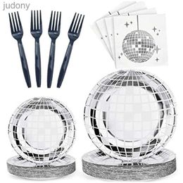 Disposable Plastic Tableware Disco Party Supplies Tableware Set Disco Ball Dinner Plate Napkin Fork Disco Birthday Rock Dance Music Party durable 200 pieces WX