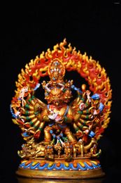Decorative Figurines 8"Tibet Temple Collection Old Purple Bronze Outline In Gold Painted Cinnabar Yamantaka Buddha Backlight Worship Hall