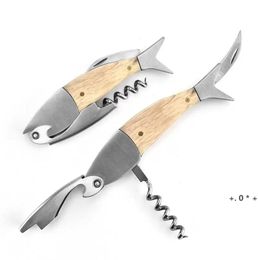 Fish Shaped Wooden Handle Wine Beer Opener Portable 304 Stainless Steel Kitchen Restaurant Bar Inventory Whole5519136