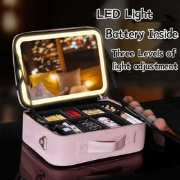 Cosmetic Organiser WW 2024 New LED Box with Mirror Waterproof PU Leather Portable Travel Makeup Storage Bag Q240429