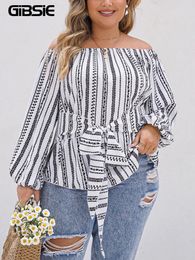 GIBSIE Plus Size Boho Off Shoulder Tops for Women 2024 Spring Casual Long Sleeve Tie Front Ethnic Print Holiday Blouses Shirts 240419