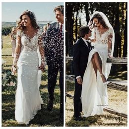 2021 Sexy Slim Bohemian Brautkleider Ärmeln Spitzen Applikationen Gartenbrautkleider Gepürt ist formelle Formale lange Robe de Mariee 0431