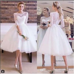 Cheap Jewel Neck Lace A-Line Dresses 3/4 Sleeves Appliques Short Wedding Dress Bridal Gowns Vestidos Noiva Robe De Marriage 0430