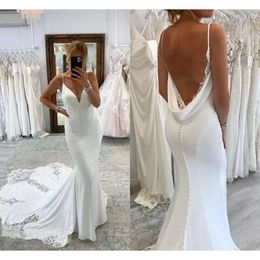 Spaghetti Wedding Sexy Mermaid Backless Straps Lace Appliques Button Covered Open Back Long Bridal Gowns Dresses Custom Made Bc15453