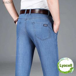 Mäns jeans sommar tunna lyocell mens jeans mode ljus blå klassisk hög midja lös drapera affärer raka byxor varumärke klädwx