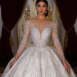 Linie einer Prinzessin Hochzeit atemberaubende Kleider für Frauen Langarm türkische Brautkleider Rückenloser Paillette Vestido de Noiva Zivil