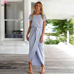 Casual Dresses VOLALO Summer Short Sleeve Party Women Long Maxi Dress 2024 O Neck Mid Calf Pencil