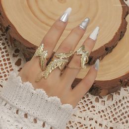 Cluster Rings Luxury Gold Colour Link Chain Feather For Women Vintage Personality Opening Adjustable Fashion Jewellery Gift Wholesale