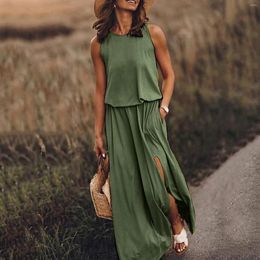 Casual Dresses For Formal Occasions Ladies Round Neck Sleeveless Split Maxi Dress Classic Solid Color Vestidos Elegantes Para Mujeres