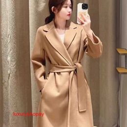 Maxmaras Womens Wrap Coat Camel Hair Coats 23 Winter New Classic Mid Length Suit Collar Lace Up Wool for Women Rjnc