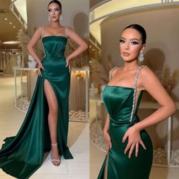 Green Party Straps Beads Dark Dresses Prom Evening Dress Pleats Formal Long Special Ocn Dress