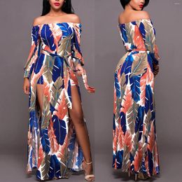 Casual Dresses Slash Neck Elegant Dress Women Leaf Print Off Shoulder Split Maxi Long Sleeve Slim Elastic Party Club Vestidos