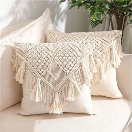 Pillow 1PC Covers Cotton Linen Macrame Hand-Woven Thread Geometry Bohemia Style Pillowcase Home Decor 45X45cm