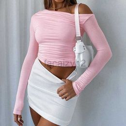 Women's T Shirt sexy Tees Women's Spring Instagram New Solid Colour Slanted Shoulder Long Sleeve Pleated Open Navel Top T-shirt for Women Plus Size tops