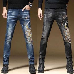 Men's Jeans Mens high-quality denim pants with dragon embroidery slim fit stretch scratch casual jeans white washed jeans; WX