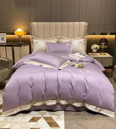 1000TC Egyptian Cotton Luxury Royal Solid Colour Bedding set Queen King size Purple Embroidery QuiltDuvet cover Bed sheet Linen Pi5545675