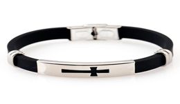 Cool Fashion Black Silicone Bracelet Charm Wristband Men039s Stainless Steel Cross Bangle4120113