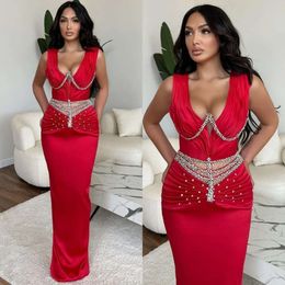 Neck V Sexy Dresses Collar Evening Beads Waist Party Prom Pleats Formal Long Red Carpet Dress For Special Ocn