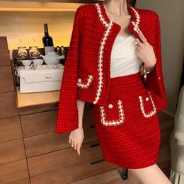 Autumn Winter Small Fragrance Jacket Fashion Suits Women Temperament Tweed Coat Skirt Two Piece Set Sweet Clothing 240425