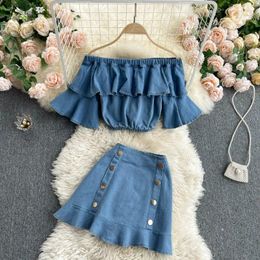 Work Dresses Women Jean Sets Matching Suits Woman Ruffles Buttons Tops Mini Skirt Two Piece Set Slash Neck Flare Sleeve Female Clothing