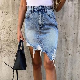 Skirts Women Summer Denim Skirt High Waist Button Zipper Mini Ripped Holes Irregular Hem Hip Wrapped